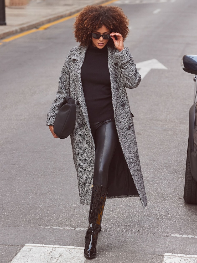 Sosandar Grey Grey & Black Herringbone Wool Mix Longline Coat - Image 1 of 6