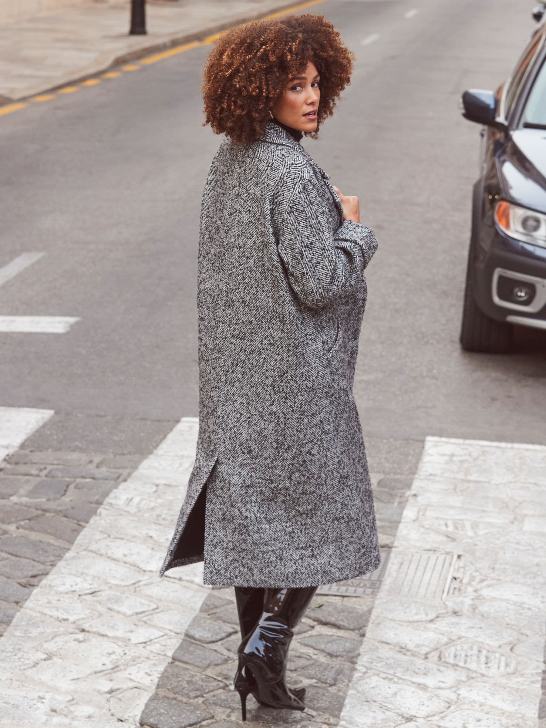 Buy Sosandar Grey Grey & Black Herringbone Wool Mix Longline Coat