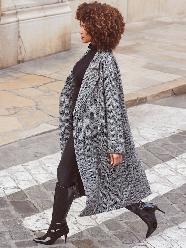 Sosandar Grey Grey & Black Herringbone Wool Mix Longline Coat - Image 4 of 6
