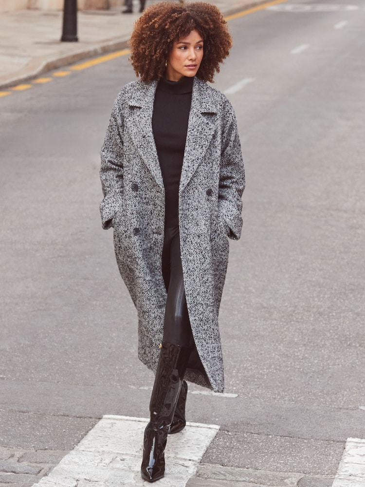 Sosandar Grey Grey & Black Herringbone Wool Mix Longline Coat - Image 5 of 6
