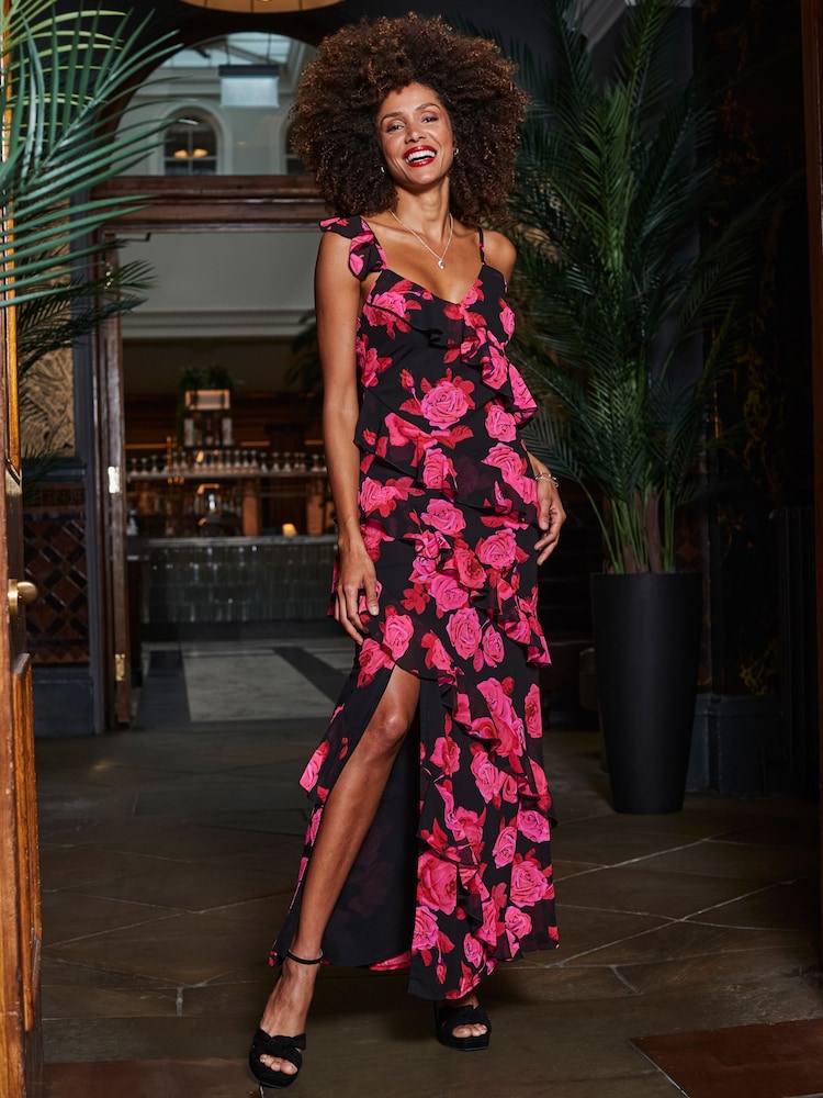 Sosandar Black Floral Print Ruffle Detail Maxi Dress - Image 1 of 5