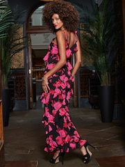 Sosandar Black Floral Print Ruffle Detail Maxi Dress - Image 2 of 5