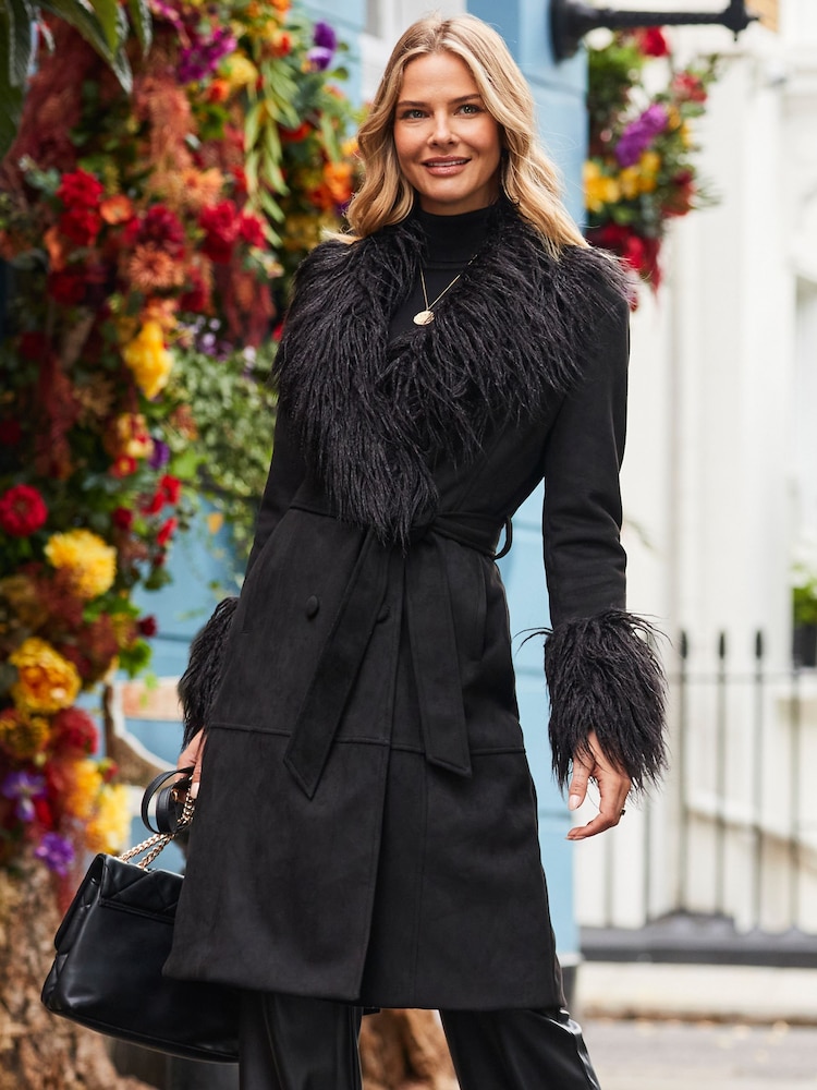 Sosandar Black Luxe Faux Suede & Faux Fur Afghan Coat - Image 4 of 5