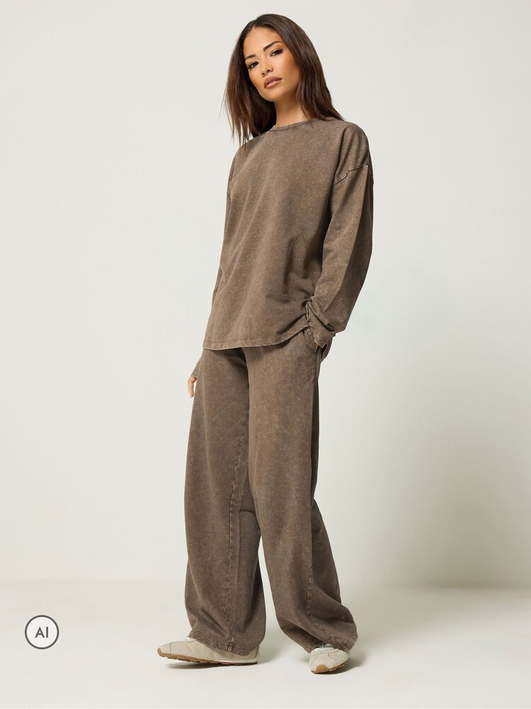 PixieGirl Petite Brown Acid Wash Top & Wide Leg Joggers Set - Image 2 of 7 PixieGirl Petite Brown Acid Wash Top & Wide Leg Joggers Set - Image 2 of 7