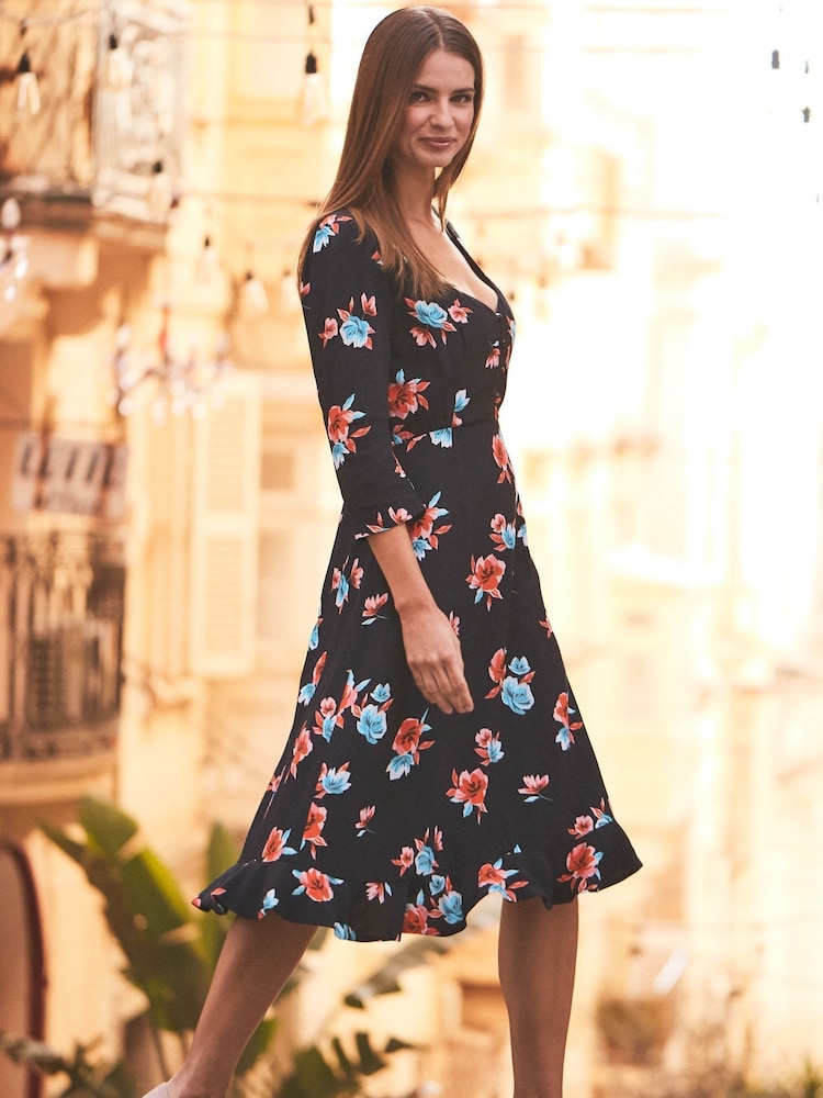 Sosandar Black Floral Print Sweetheart Neck Dress - Image 2 of 5