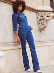 Sosandar Blue Dark Indigo Slim Leg Button Front Denim Jumpsuit - Image 1 of 6