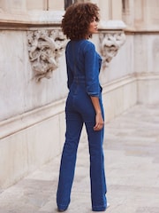 Sosandar Blue Dark Indigo Slim Leg Button Front Denim Jumpsuit - Image 3 of 6