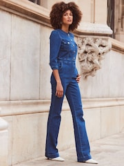 Sosandar Blue Dark Indigo Slim Leg Button Front Denim Jumpsuit - Image 4 of 6