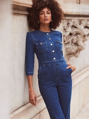 Sosandar Blue Dark Indigo Slim Leg Button Front Denim Jumpsuit - Image 5 of 6