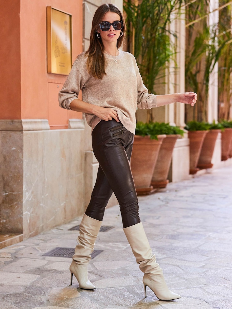 Sosandar Brown Leather Look Premium Leggings - Image 2 of 5