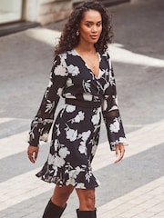 Sosandar Black Floral Print Lace Trim Faux Wrap Dress - Image 1 of 6