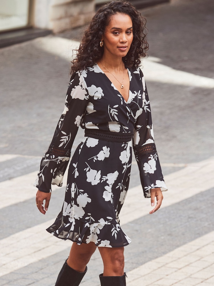 Sosandar Black Floral Print Lace Trim Faux Wrap Dress - Image 1 of 6 Sosandar Black Floral Print Lace Trim Faux Wrap Dress - Image 1 of 6