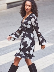 Sosandar Black Floral Print Lace Trim Faux Wrap Dress - Image 6 of 6