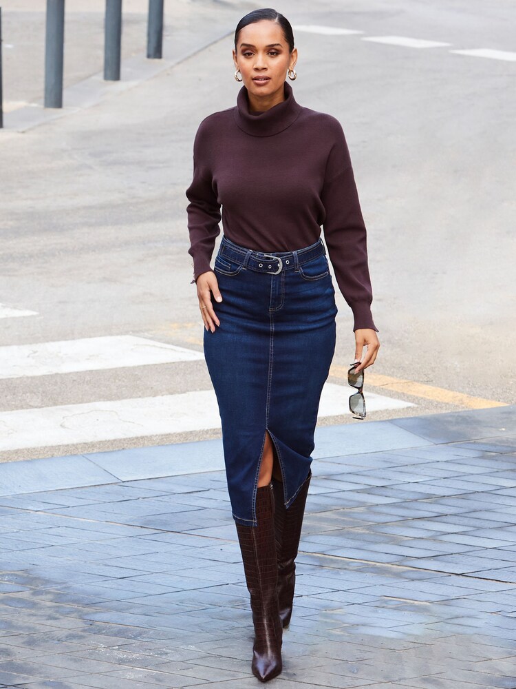 Sosandar Blue Denim Buckle Detail Midi Skirt - Image 6 of 6 Sosandar Blue Denim Buckle Detail Midi Skirt - Image 6 of 6