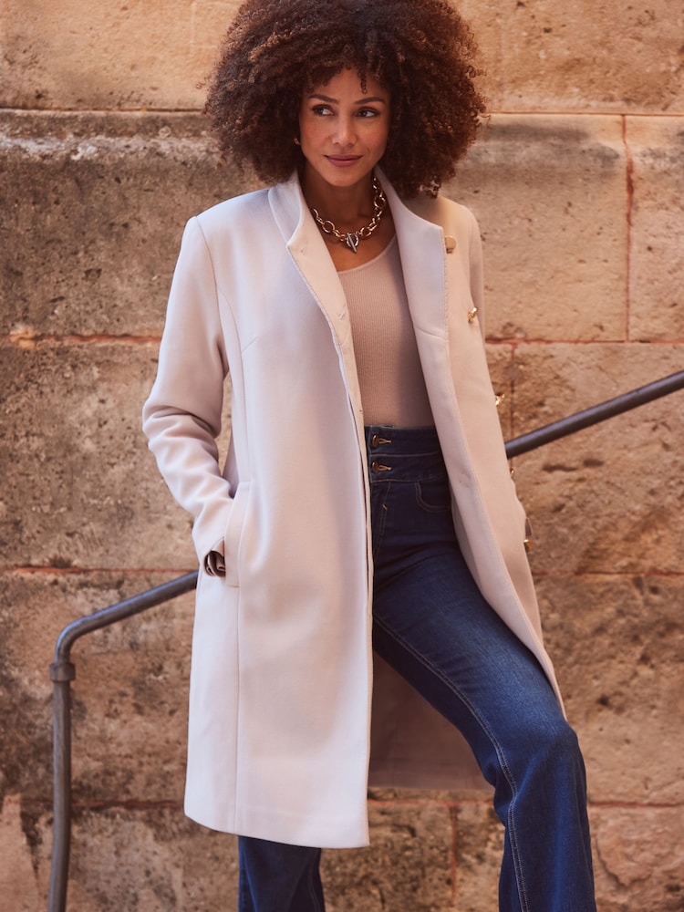 Sosandar Natural Funnel Neck Coat With Pockets - Image 1 of 6