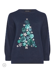 Evans Blue Sequin Embellished Christmas Tree Jumper - Image 5 of 6