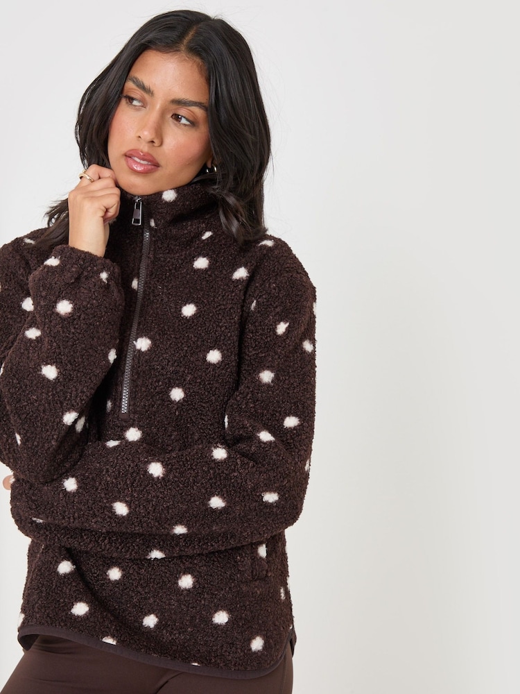 Threadbare Brown Polka Dot Quarter Zip Fleece Jumper - Image 2 of 6