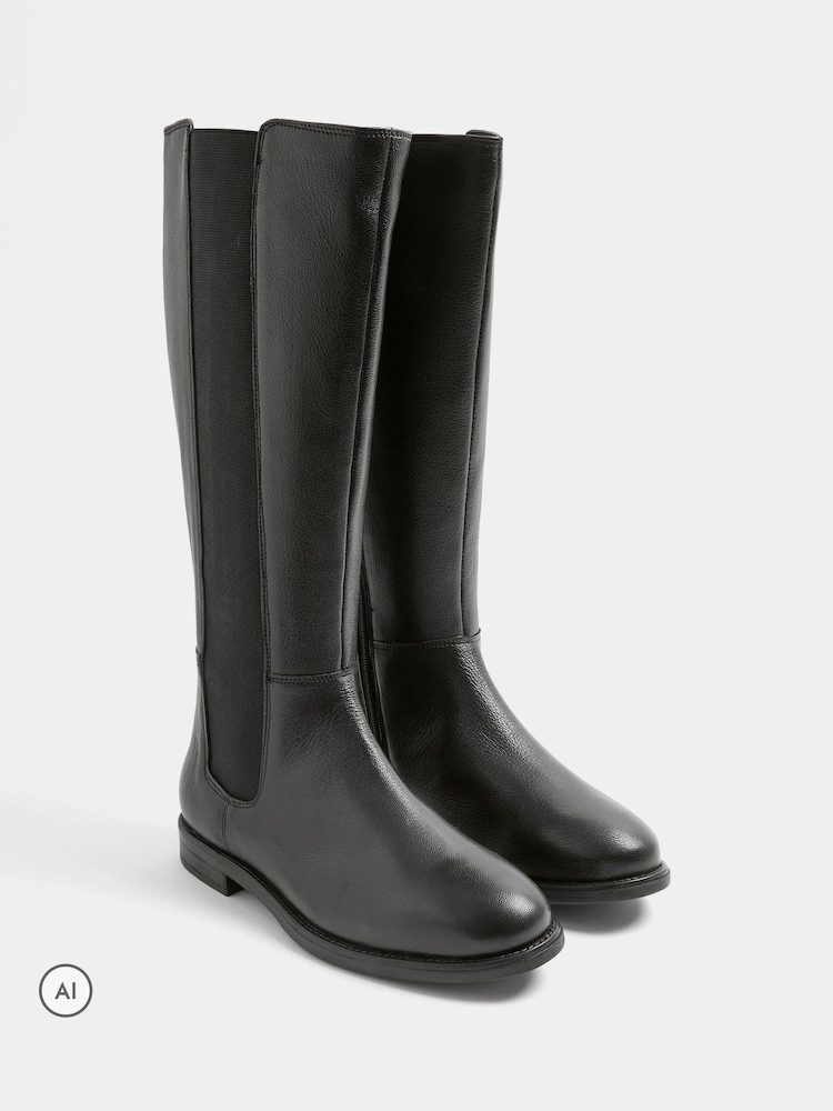 Evans Black Leather Knee High Riding Boots In Wide E Fit - Image 1 of 4 Evans Black Leather Knee High Riding Boots In Wide E Fit - Image 1 of 4