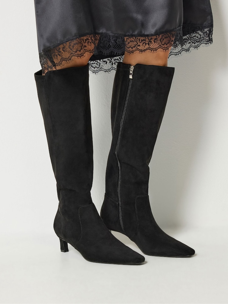 Long Tall Sally Black Kitten Heel Knee High Boots In Standard Fit - Image 1 of 5