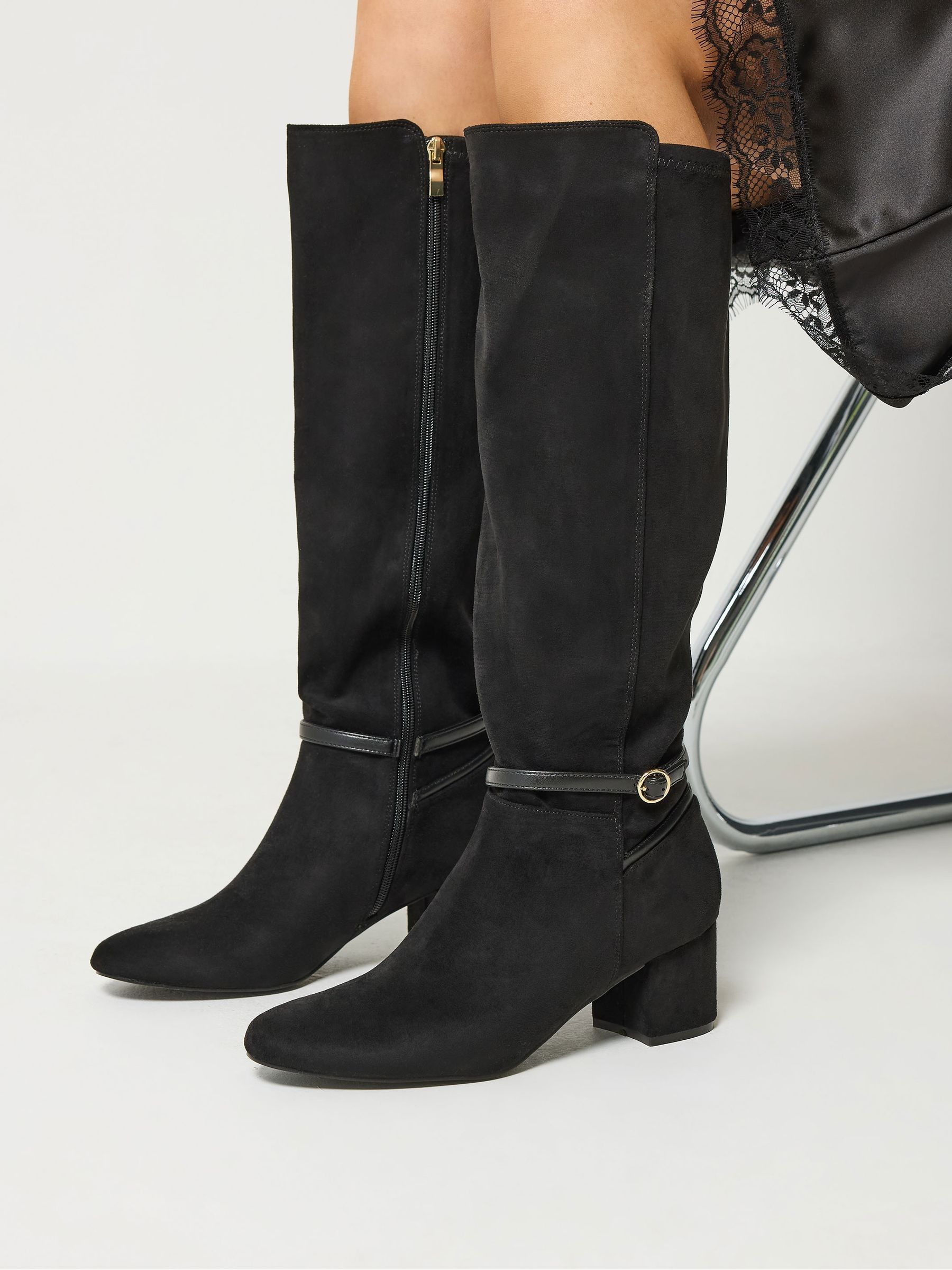 Long Tall Sally Women's Black Buckle Detail Knee High Boots In Standard Fit In | : Size 12 - Image 2
