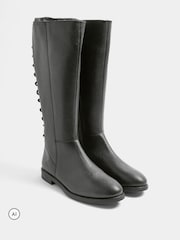 Evans Black Leather Lace Back Knee High Boots In Extra-Wide EEE Fit - Image 1 of 4