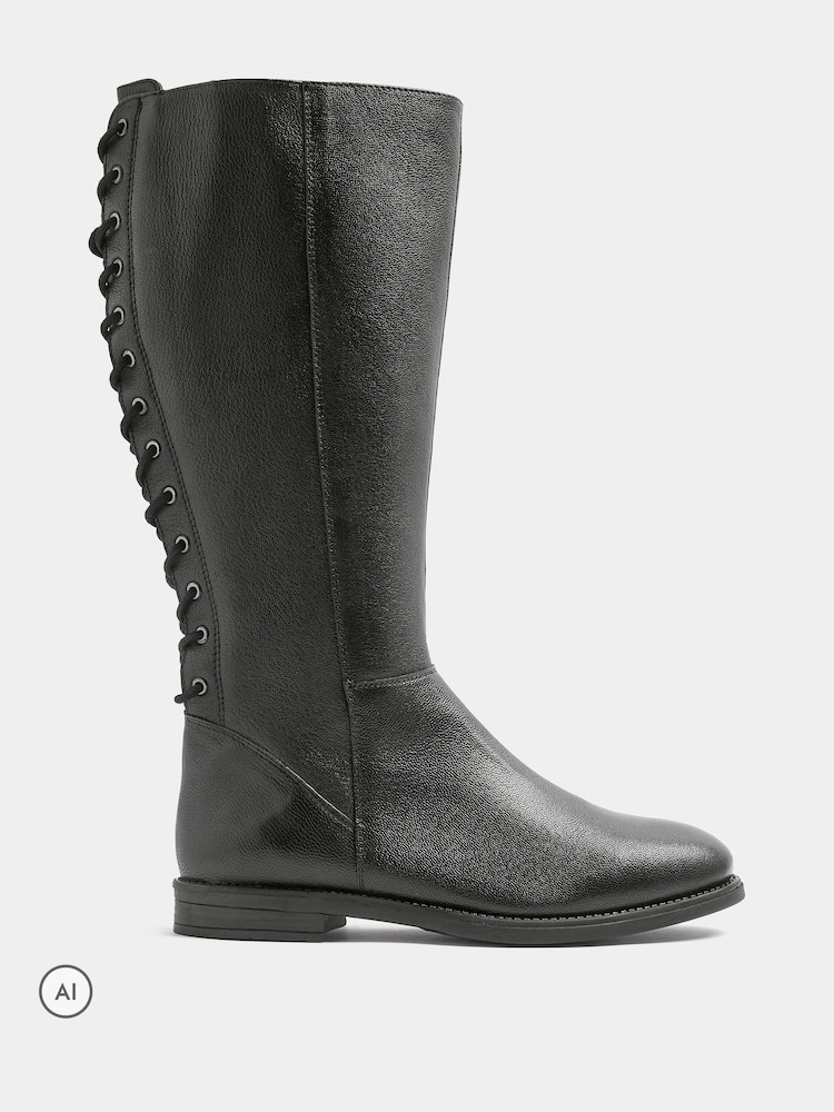 Evans Black Leather Lace Back Knee High Boots In Extra-Wide EEE Fit - Image 2 of 4 Evans Black Leather Lace Back Knee High Boots In Extra-Wide EEE Fit - Image 2 of 4