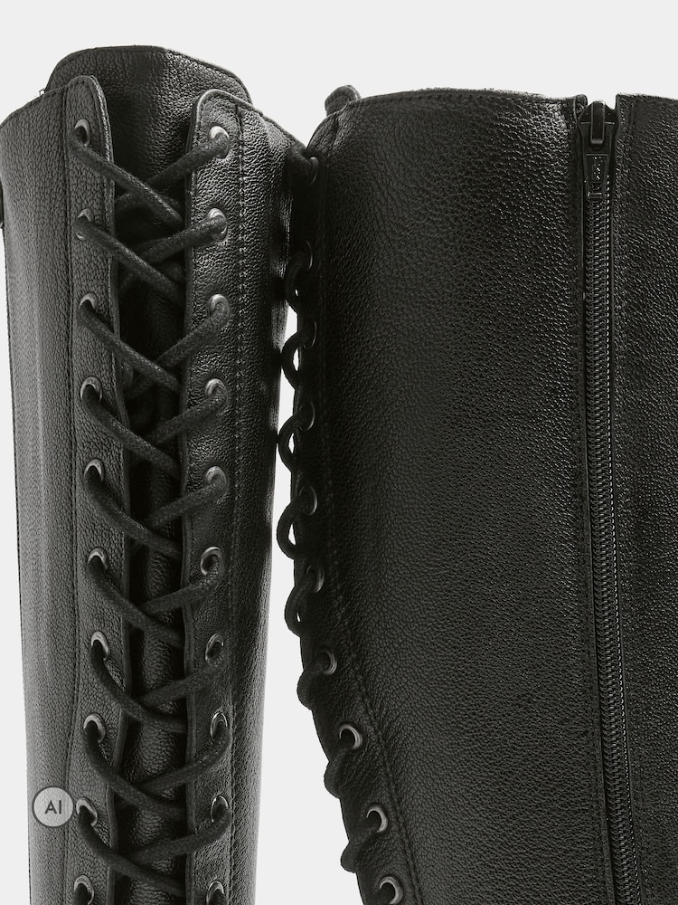 Evans Black Leather Lace Back Knee High Boots In Extra-Wide EEE Fit - Image 4 of 4 Evans Black Leather Lace Back Knee High Boots In Extra-Wide EEE Fit - Image 4 of 4