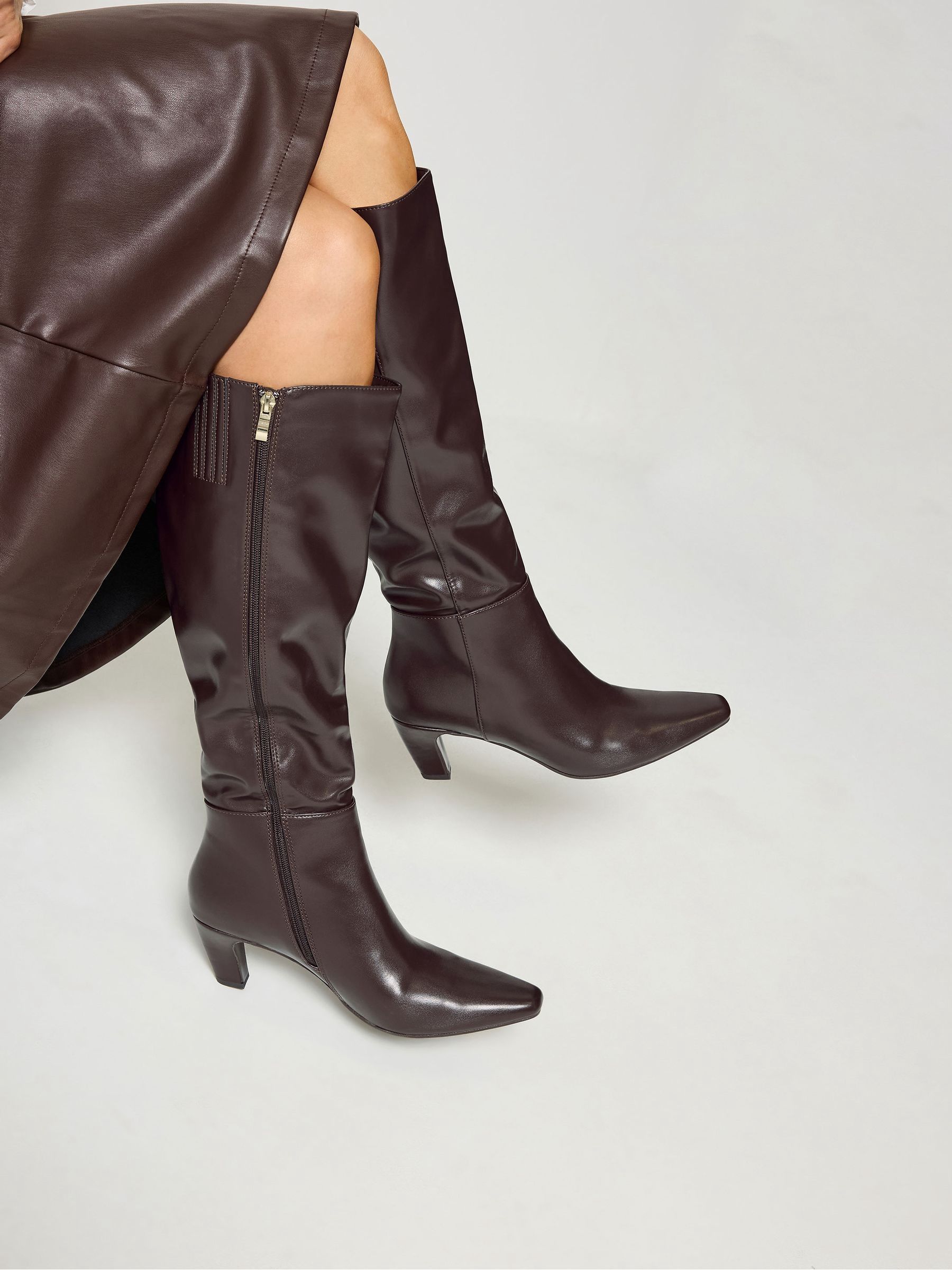 Long Tall Sally Women's Brown Faux Leather Kitten Heel Knee High Boots In Standard Fit - Image 1