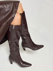 Long Tall Sally Brown Faux Leather Kitten Heel Knee High Boots In Standard Fit - Image 1 of 5