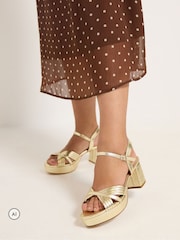 Yours Curve Gold Extra Wide Fit V-Cut Platform Sandals - Image 1 of 5
