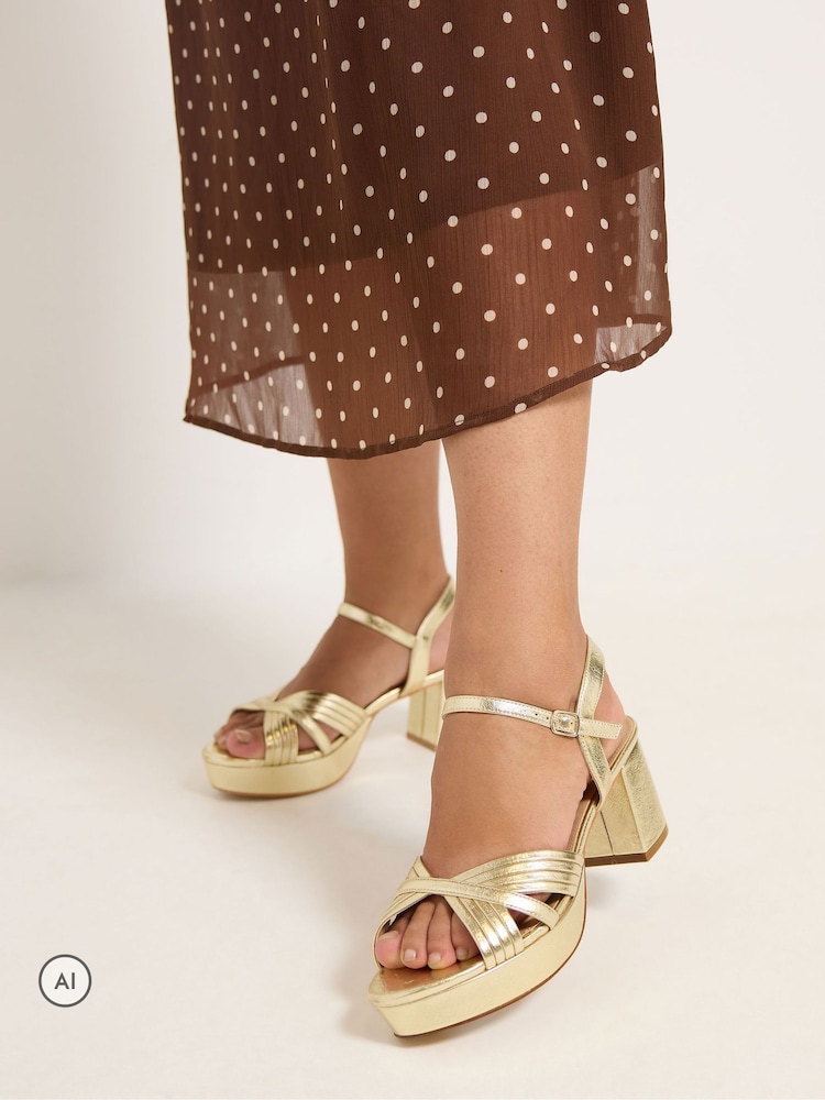 Yours Curve Gold Extra Wide Fit V-Cut Platform Sandals - Image 1 of 5 Yours Curve Gold Extra Wide Fit V-Cut Platform Sandals - Image 1 of 5
