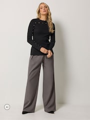 Long Tall Sally Black Metal Detail Ribbed Top - Image 3 of 6