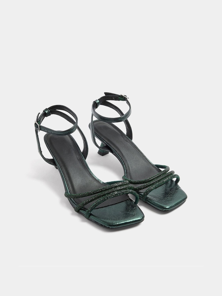 Yours Curve Green Extra Wide Fit Strappy Glitter Kitten Heels - Image 2 of 5 Yours Curve Green Extra Wide Fit Strappy Glitter Kitten Heels - Image 2 of 5