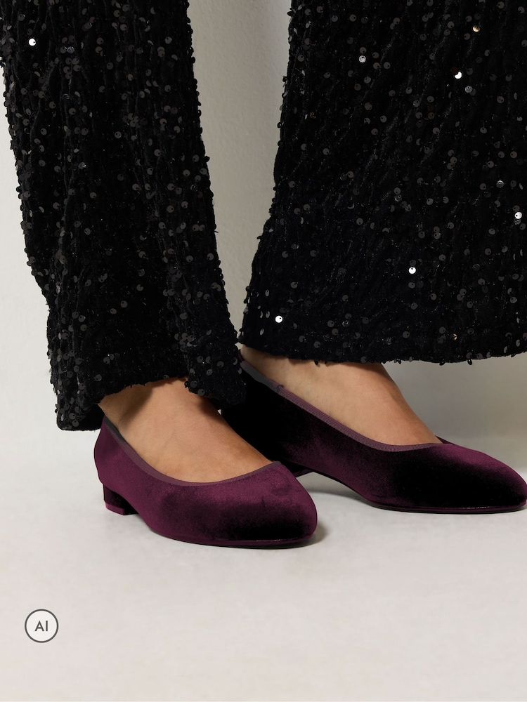 Long Tall Sally Red Velvet Low Block Heel Ballerina Pumps In Standard Fit - Image 1 of 5 Long Tall Sally Red Velvet Low Block Heel Ballerina Pumps In Standard Fit - Image 1 of 5
