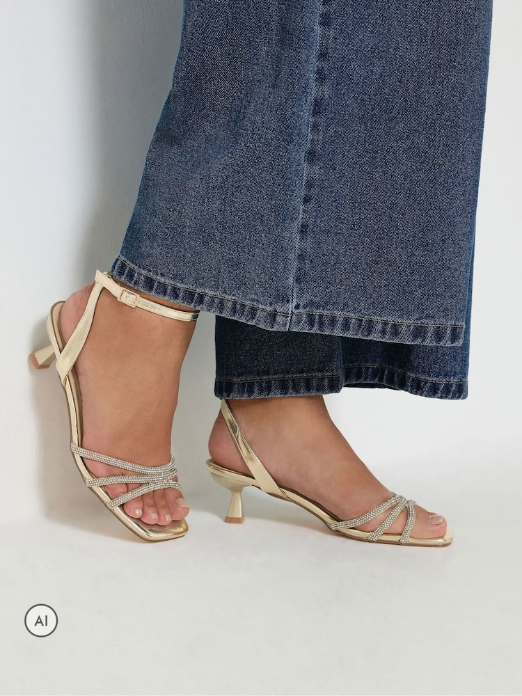 Yours Curve Gold Wide Fit Strappy Glitter Kitten Heels - Image 1 of 4 Yours Curve Gold Wide Fit Strappy Glitter Kitten Heels - Image 1 of 4