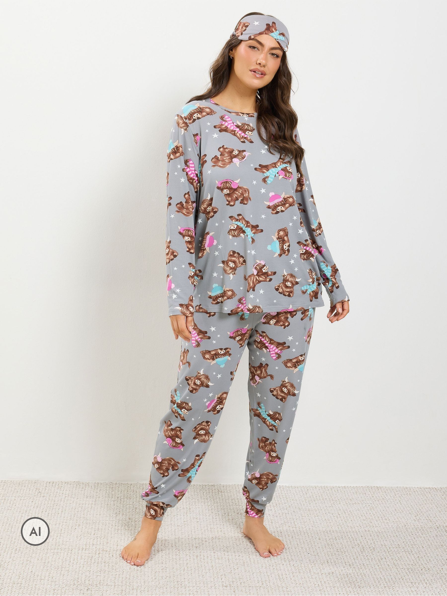 Yours Women's Grey Highland Cow Soft Touch Pyjama Set In | Size: 34/36 - Image 2