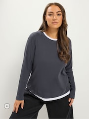 Yours Curve Grey 2-In-1 Ribbed Top - Image 1 of 6