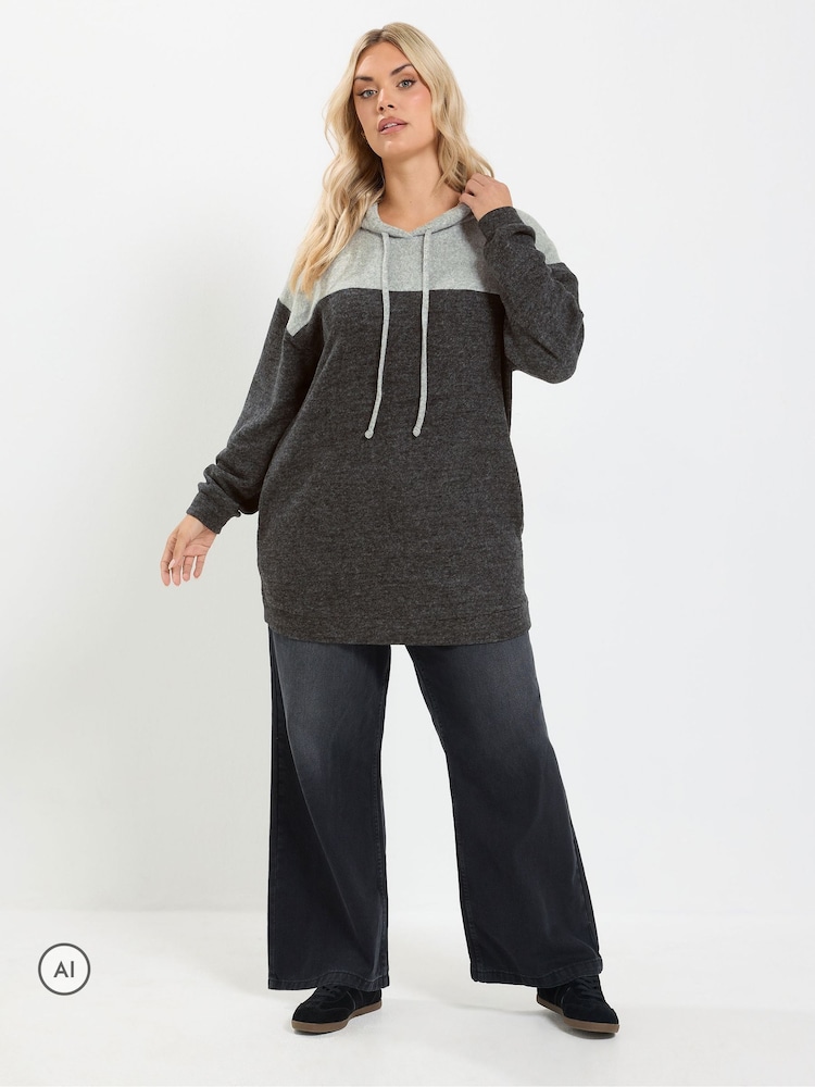 Yours Curve Grey Colourblock Soft Touch Hoodie - Image 2 of 6 Yours Curve Grey Colourblock Soft Touch Hoodie - Image 2 of 6
