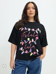 Yours Curve Black Limited 'Fa Lala' Christmas Lights T-Shirt - Image 1 of 7
