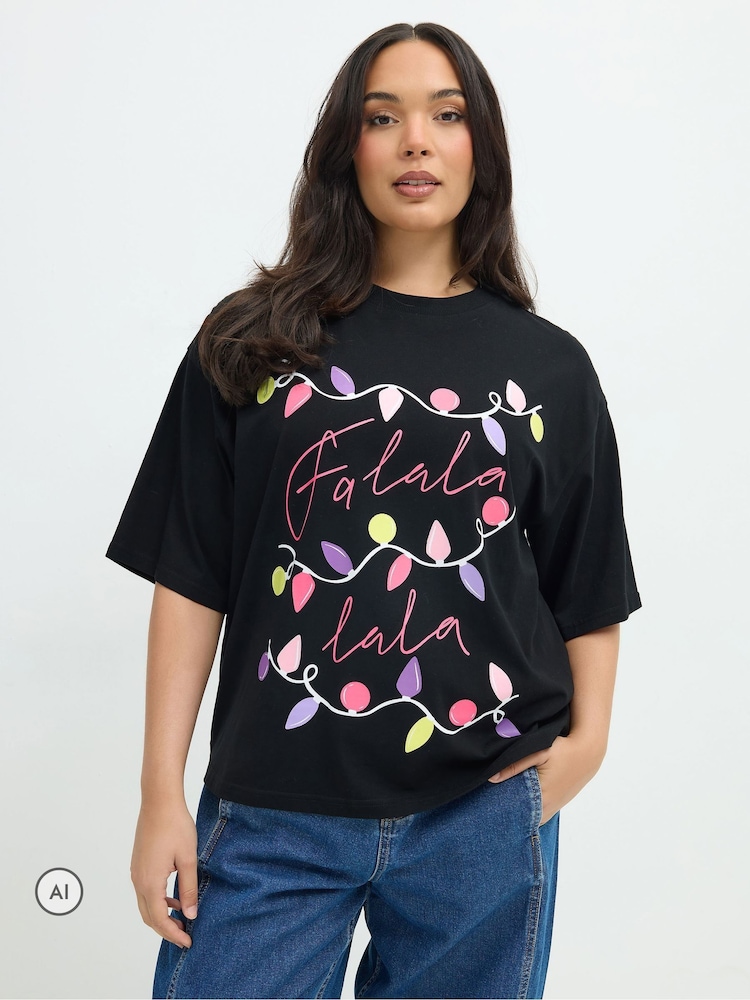 Yours Curve Black Limited 'Fa Lala' Christmas Lights T-Shirt - Image 1 of 7