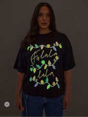 Yours Curve Black Limited 'Fa Lala' Christmas Lights T-Shirt - Image 2 of 7