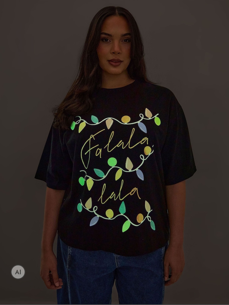 Yours Curve Black Limited 'Fa Lala' Christmas Lights T-Shirt - Image 2 of 7