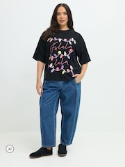 Yours Curve Black Limited 'Fa Lala' Christmas Lights T-Shirt - Image 3 of 7