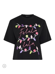 Yours Curve Black Limited 'Fa Lala' Christmas Lights T-Shirt - Image 6 of 7