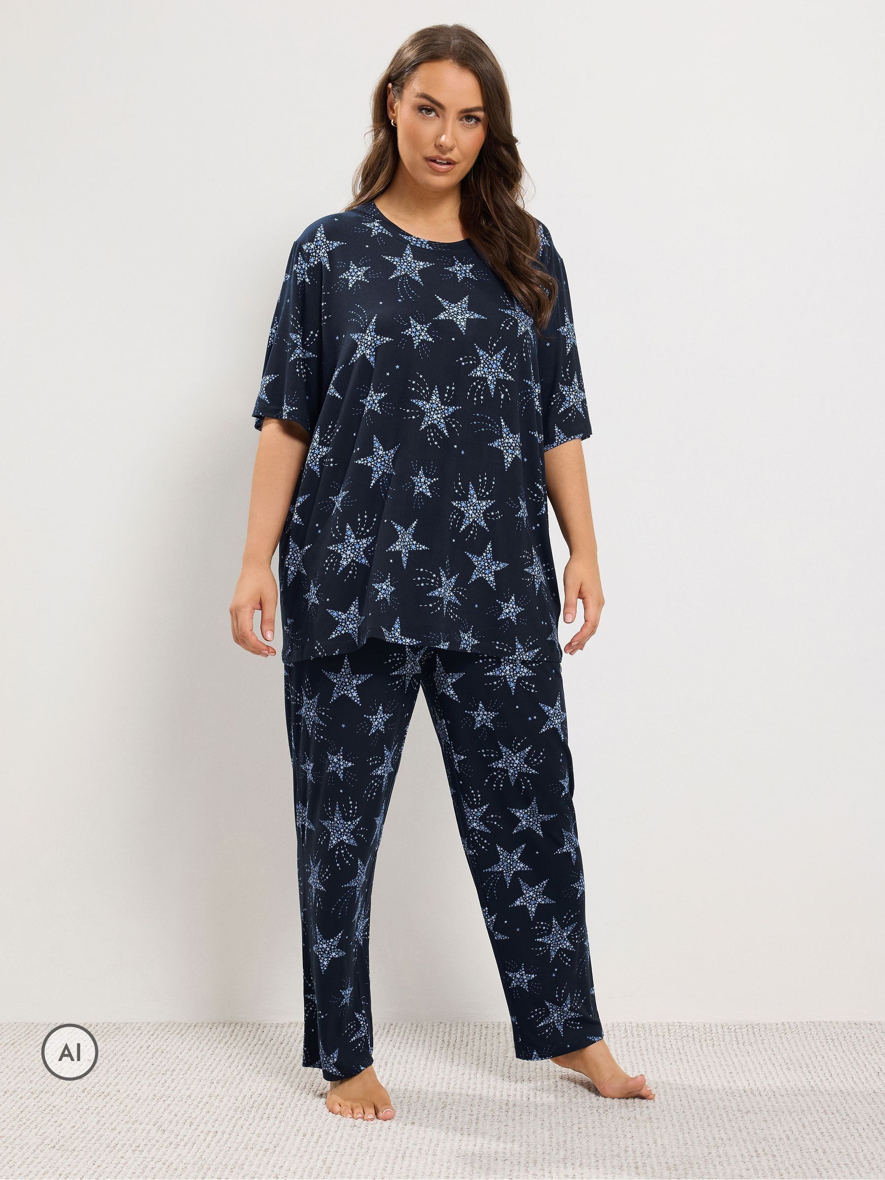 Yours Women's Mid Blue Star Soft Touch Wide Leg Pyjama Set In | Size: 34/36 - Image 2