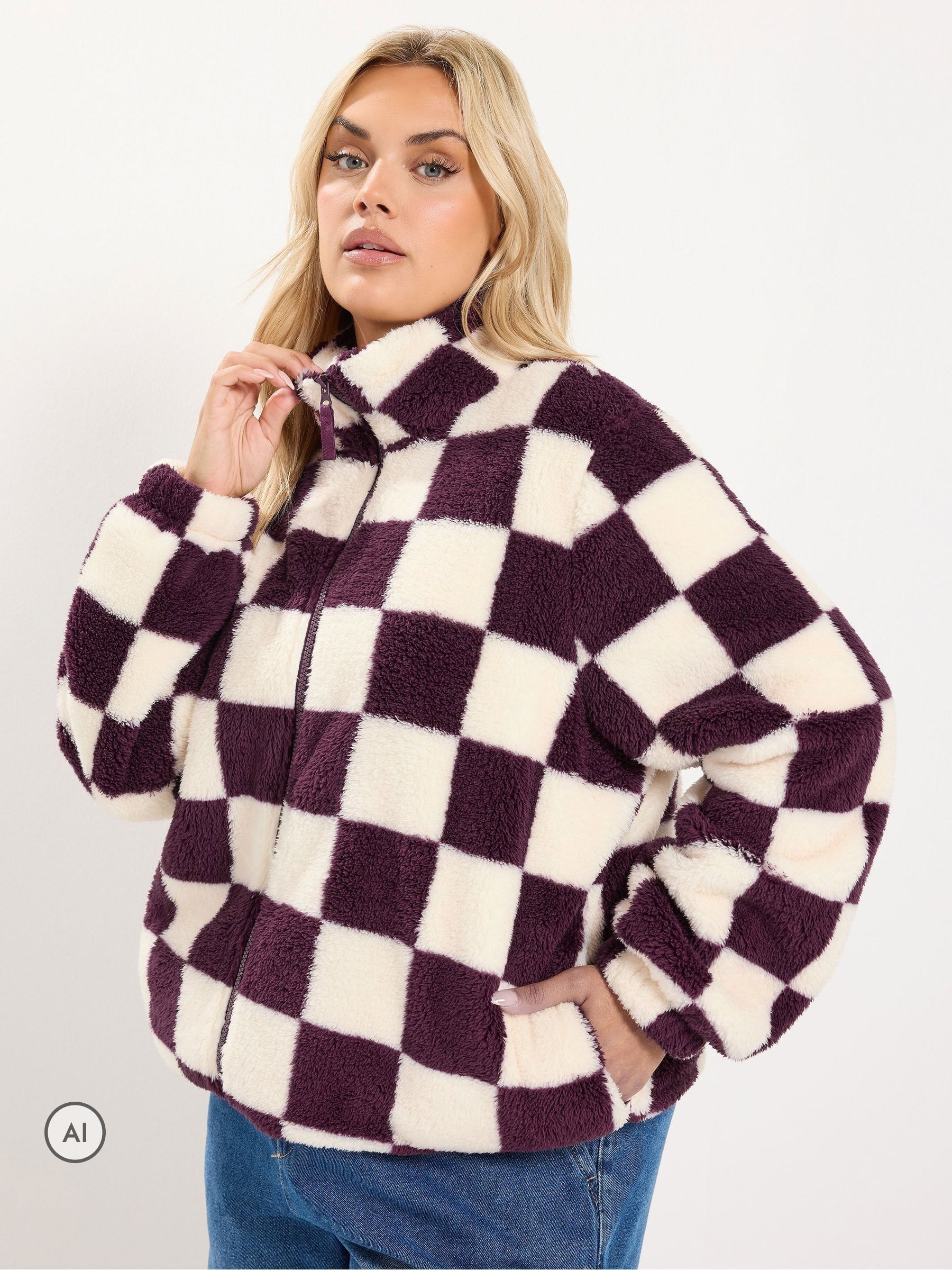 Yours Women's Burgundy Checked Zip Through Fleece In | Size: 30/32 - Image 3