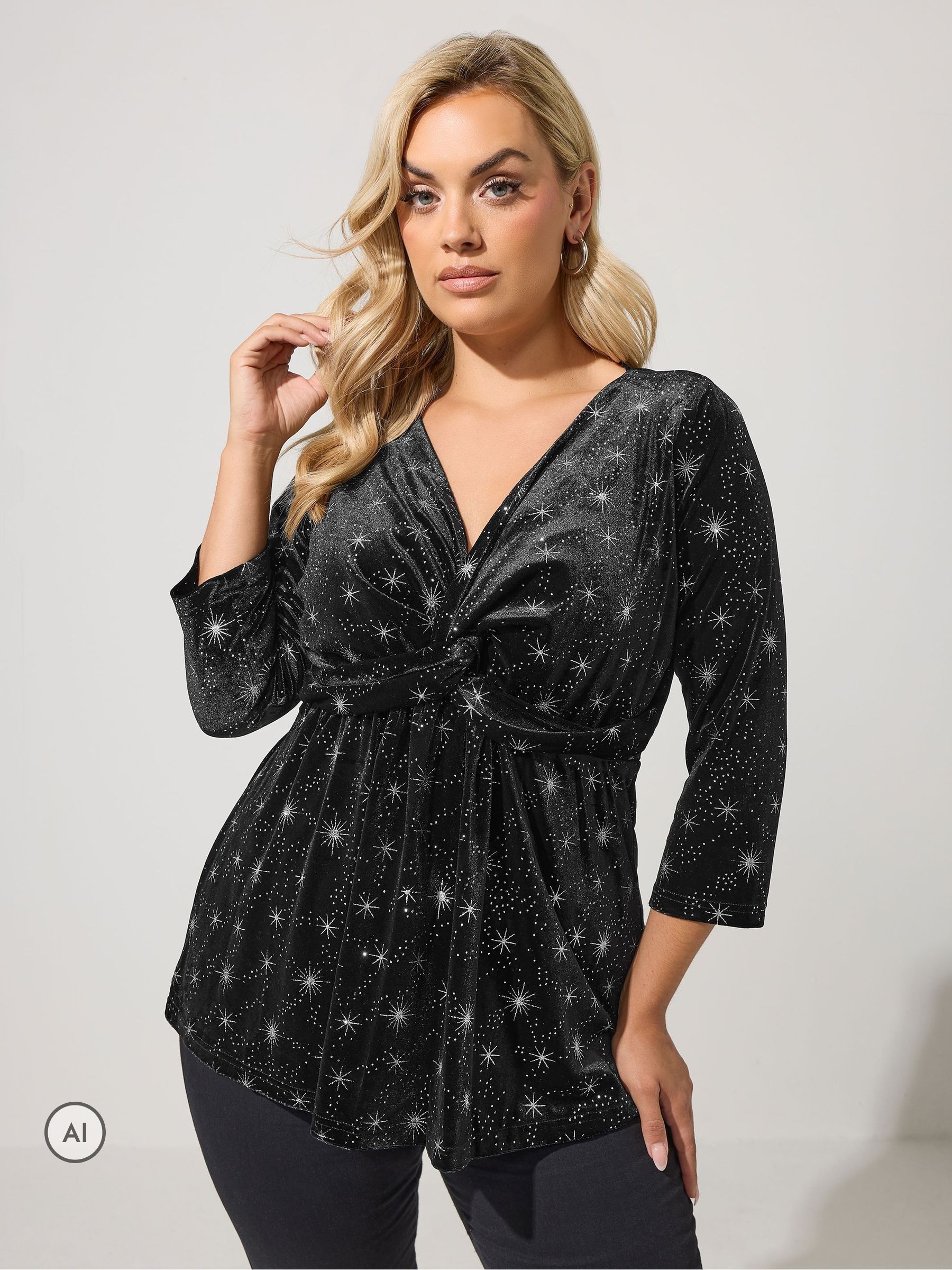 Yours Curve Women's Black Star Velvet Knot Top