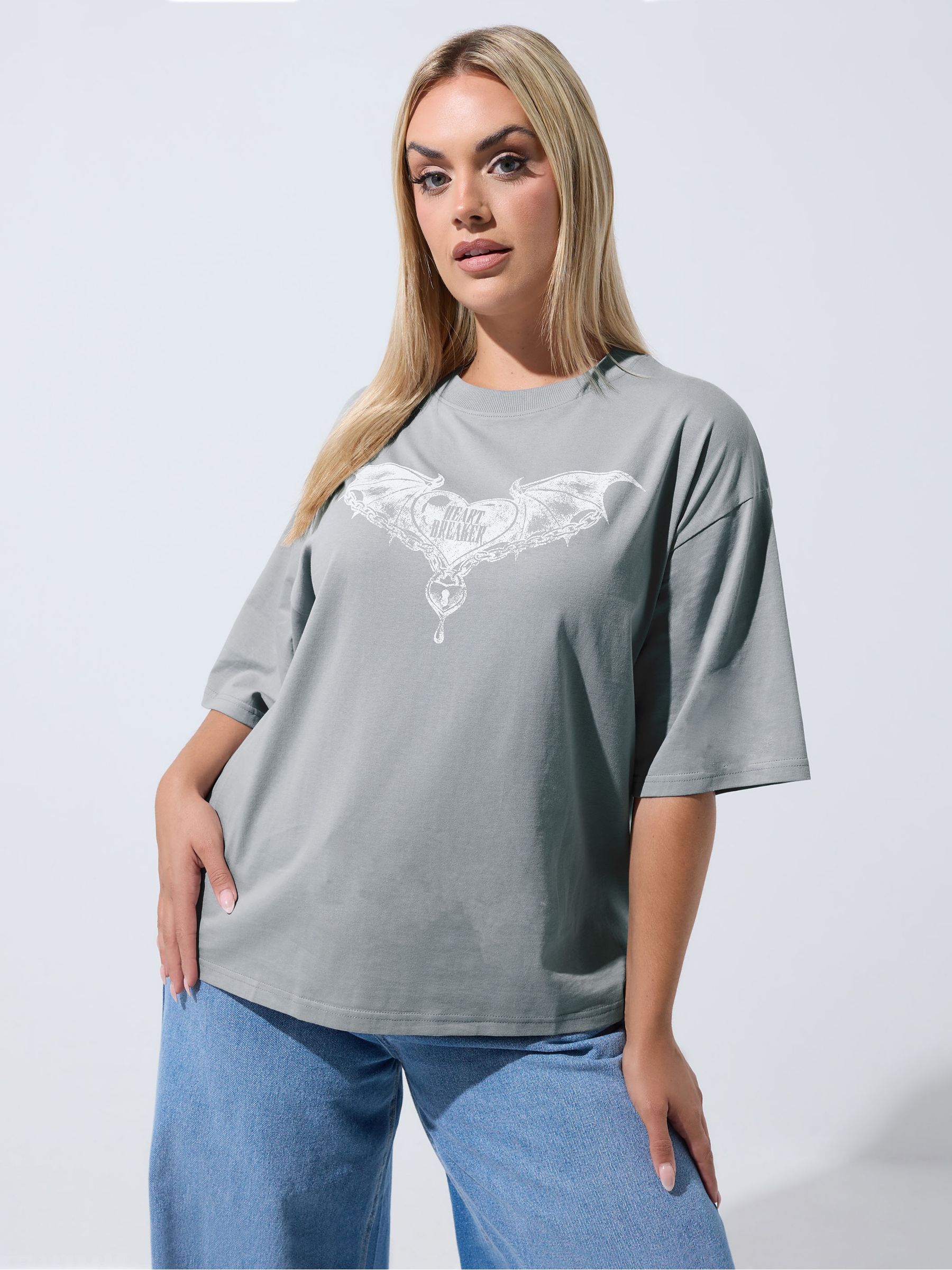 Yours Women's Grey 'Heart Breaker' Slogan T-Shirt In Size 26-28 - Image 2