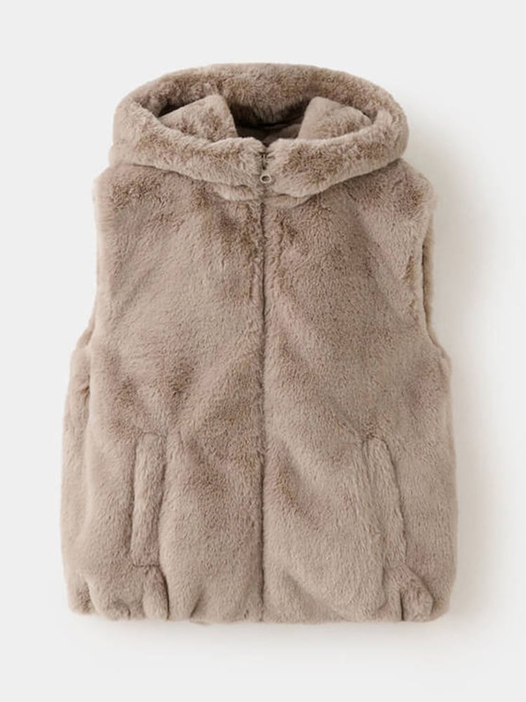 Mango Pink Faux Fur Hooded Gilet - Image 1 of 4