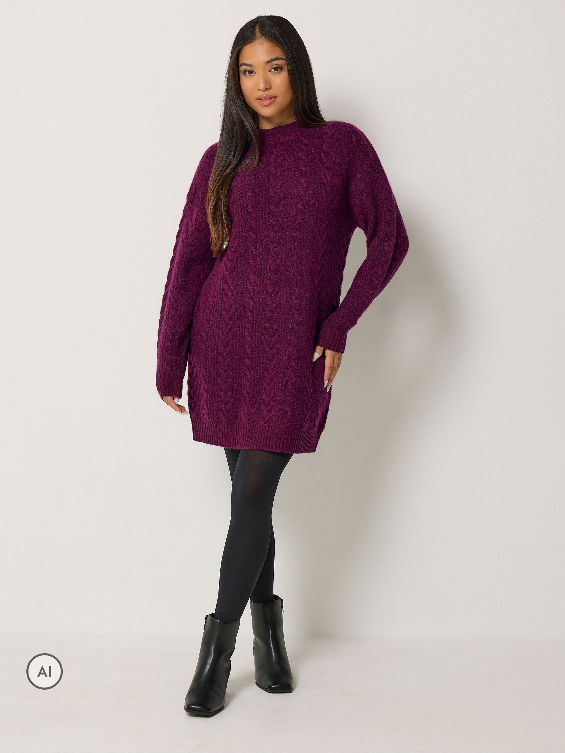 M&Co Women's Burgundy Petite Cable Knit Tunic Jumper Dress In | Size: 8/10 - Image 1